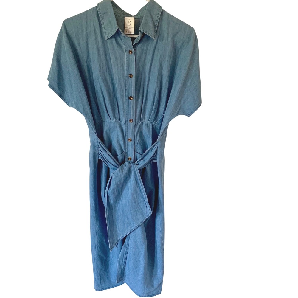Womens S Blue Chambray Shirt Dress Button Front Ruched Tie Waist Short Sleeve